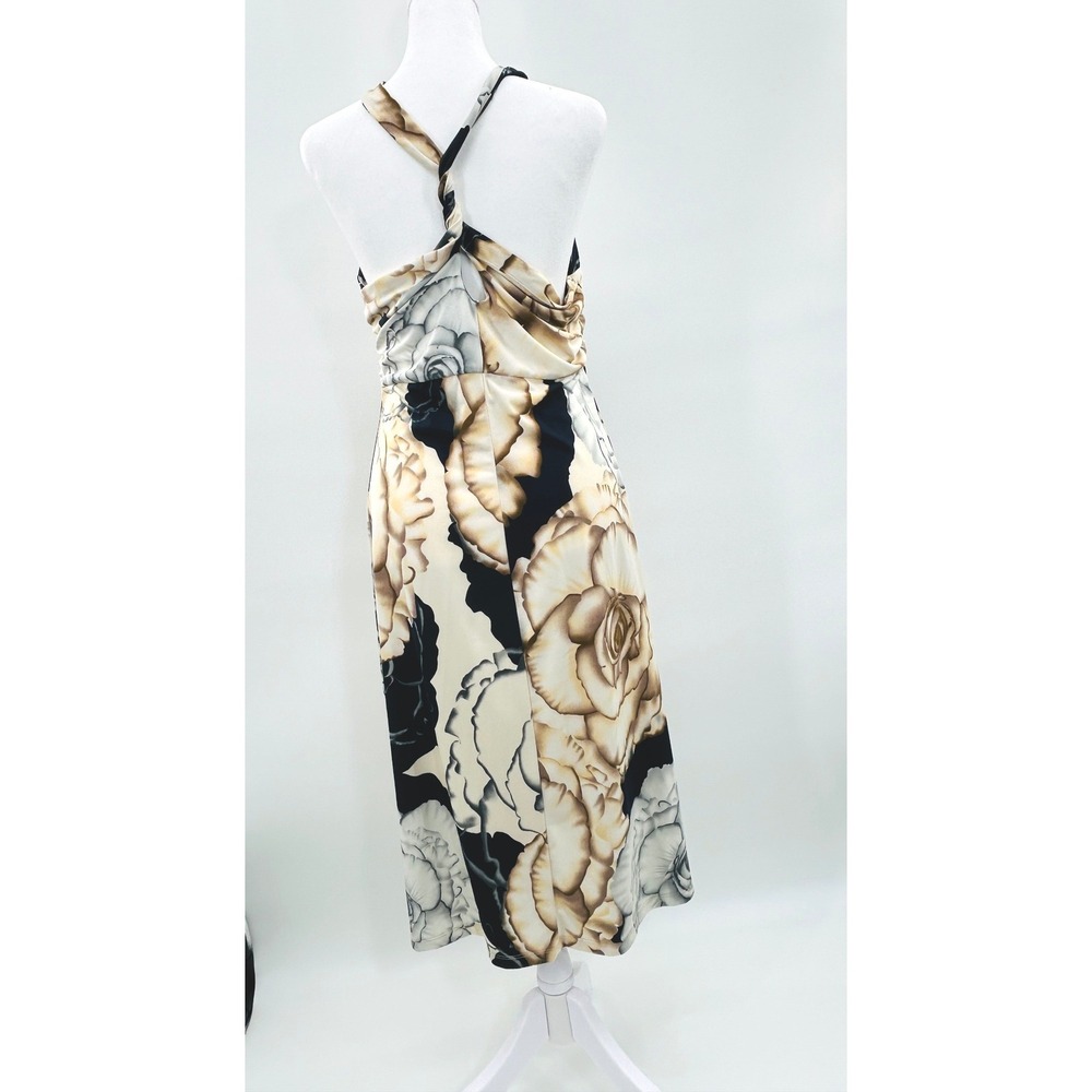Newport News Halter Maxi Dress L Floral Beige Black Stretch Boho Coastal Chic - Picture 4 of 10